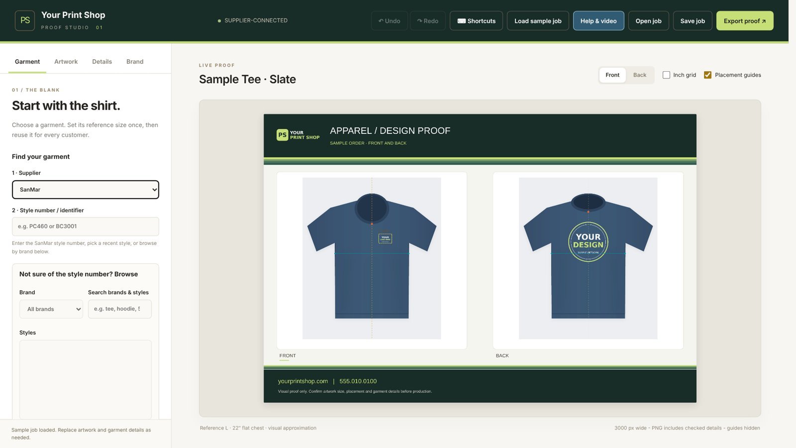 Screenshot of the Garment tab